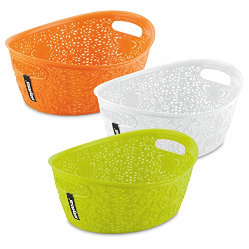 Nayasa Tri Colour Oasis Oval Basket- Set Of 3, Multi Purpose Storage Basket, Side handles, Easy To Lift, Light Weighted, Ideal For Home, Kitchen, Bathroom, Office, Orange, White & Green