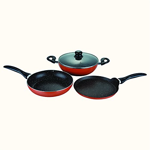 Wonderchef Athena Aluminium Non-Stick Cookware Set of 4 | Kadhai with Glass Lid 24cm, Fry Pan 24cm & Dosa Tawa 25cm | Induction Friendly Cookware | Cool Touch Bakelite Handle | Pure Grade Aluminium | PFOA Free | 2 Year Warranty | Brown