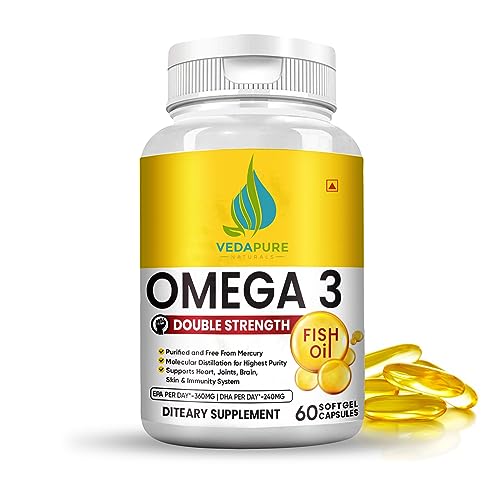 VEDAPURE Naturals Omega 3 |Fish Oil Omega 3 Capsules 1000 mg with Vitamin E & D3 |360 EPA & 240 DHA |High Strength Omega 3 Fatty Acid Capsules for Men & Women| No Fishy Burp | Support Healthy Heart, Eyes & Joints- 60 Softgel