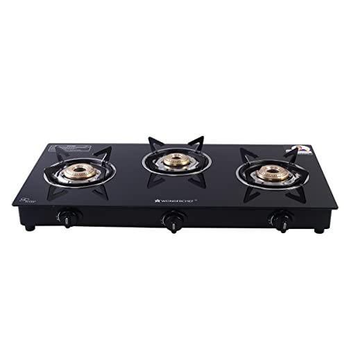 Wonderchef Platinum Plus 3 Burner Auto Glass Cooktop | 6mm Toughened Glass Cooktop | Stainless Steel Drip tray | Anti-Skid Legs | Large Pan support | Auto Ignition with Piezo | No Gas Lighter Required | LPG Compatible | Black steel frame | 2 Year Warranty | Black