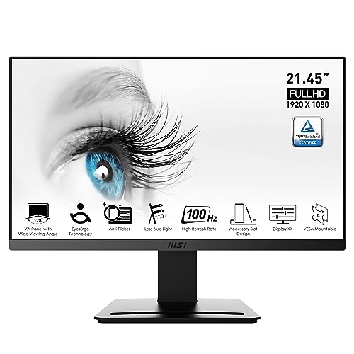 MSI PRO MP223 21.45 Inch Full HD Office Monitor – 1920 x 1080 VA Panel, 100 Hz, Eye-Friendly Screen, VESA Mountable, Display Kit Support, Tilt-Adjustable – HDMI 1.4b, D-Sub (VGA)