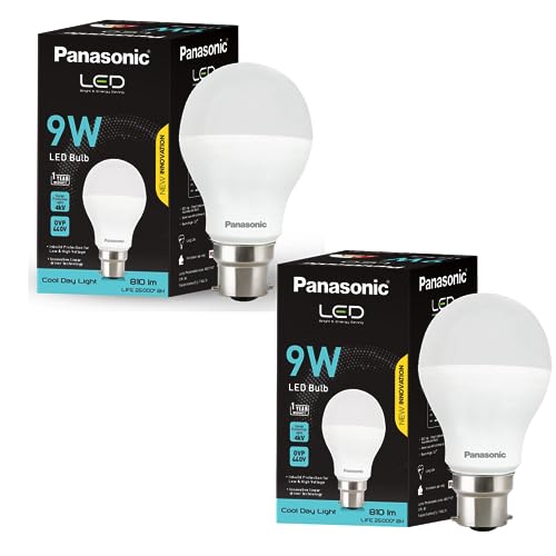 Panasonic ABS Plastic 9W Led Bulb | Led Bulb 9 Watt With B22 Base | 4Kv Surge Protection 9 Watt Bulb (Cool Day Light, Pack Of 2), Grey