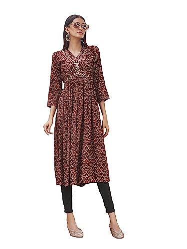 Womanista Women’s Rayon Geometric Straight Kurta (Kur_241_Maroon_L)