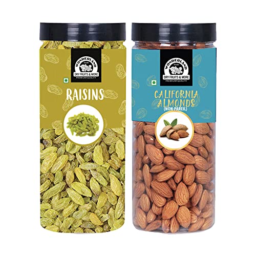 WONDERLAND FOODS Premium Dry Fruits Combo Pack of California Almonds (NP) + Raisin 1Kg (500gX2) Reusable Jar