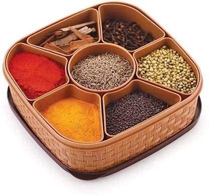 E-COSMOS Plastic Square 7 Sections Multipurpose Masala Rangoli Dabba Box Set, Spice Box Set – Brown (Masala Box – 7 in 1)