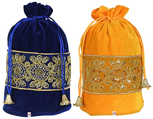 Fun Homes Embroidered Design Potli Bags Handbags for Women Gifting Wristlets for Wedding, Festival, Kitty Subh Shagun-Pack of 2 (Blue & Yellow)