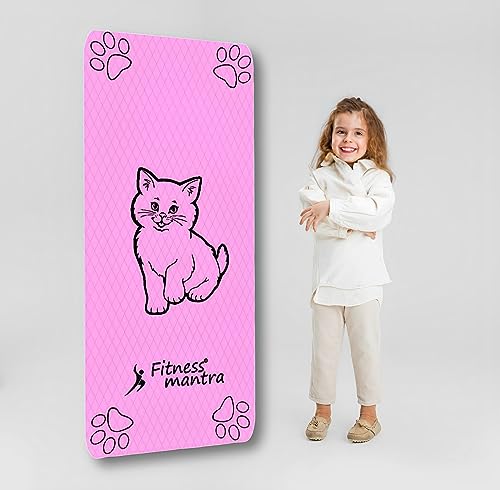 Fitness Mantra® Pro Kids Cat Design Yoga Mat with Carrying Strap for Children Workout [2 * 4 feet Size, Pink Color, Kitty Meow]