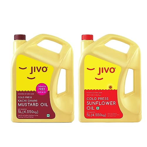 JIVO Kachi Ghani Chemical Free Mustard Oil 5 Litre with JIVO Chemical free sunflower Oil 5 Litre | Pack of 2 | Daily Cooking Oil, Recommended for Roasting, Frying, Baking All type of Cuisines|