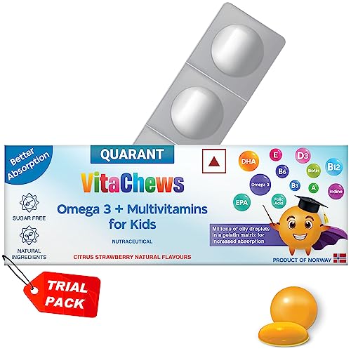QUARANT VitaChews Omega 3 + Multivitamin Jelly for Kids Ages 2+ Years, 443mg Fish Oil – 266mg DHA + EPA, Biotin, Vitamin B12 D3 E B3 B6 A C, Iodine & Folic Acid for Overall Health Boost (Trial Pack)