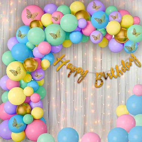 Party Paragon Rainbow Theme Birthday Decorations- Set of 81Pcs | Butterfly decoration items | Golden Happy Birthday Banner | Birthday Decoration for Girls | Birthday Decoration Items