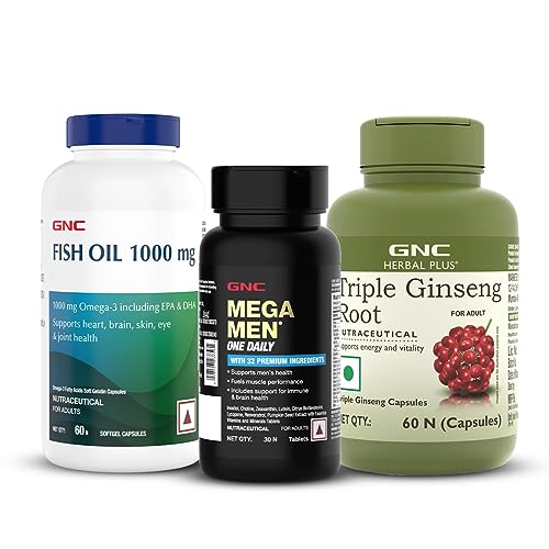GNC Men’s Energy, Immunity & Performance Trio | One Daily Multivitamin (30 Tablets), Fish Body Oil (60 Softgels) & Triple Ginseng Root (60 Capsules) | Better Focus | Strength & Stamina