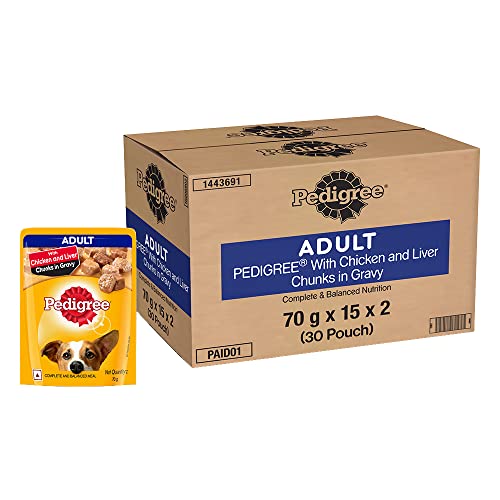 Pedigree Adult Wet Dog Food, Chicken & Liver Chunks in Gravy, 70 g (Pack of 30)