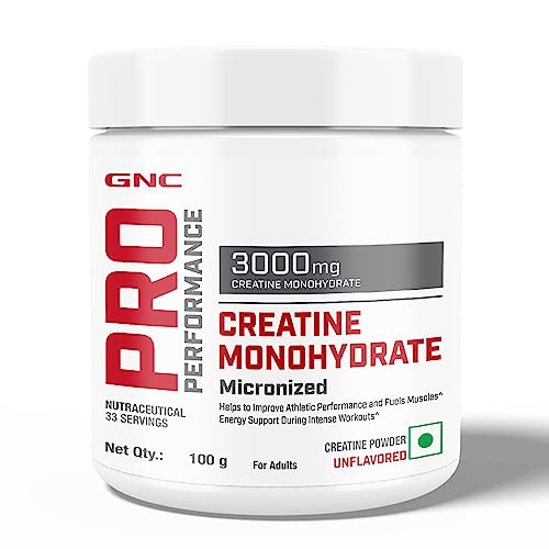 GNC Pro Performance Creatine Monohydrate | 100 gm | 33 Servings | Boosts Athletic Performance | Micronized & Instantized | Fuels Muscles | Provides Energy Support for Heavy Workout | Unflavoured | Formulated in USA