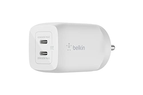 Belkin 65W Gan Dual USB C Pd 3.0 Fast Charger with Pps Technology, Compact Size, USB-C, Type C Fast Charger for iPhone, MacBook Air, Ipad Pro, Pixel, Galaxy, More Device White