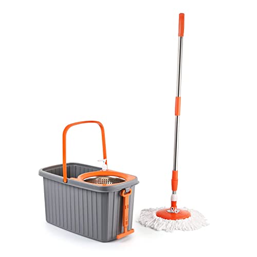 Kleeno by Cello Hi Clean Deluxe Spin Mop Big Bucket,Steel Winger & Easy Wheels & Puller Handle with Refill | Sturdy Long Lasting |Mop for Floor Cleaning | pocha for Floor Cleaning | Orange | Set of 1