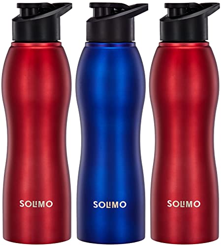 Amazon Brand – Solimo Water Bottle, Spill-Proof, Ergonomic, Safe For Refrigerator, Freezer And Dishwasher (Stainless Steel With Pp Lid, Set Of 3, 2 Red And 1 Blue), 1 liter
