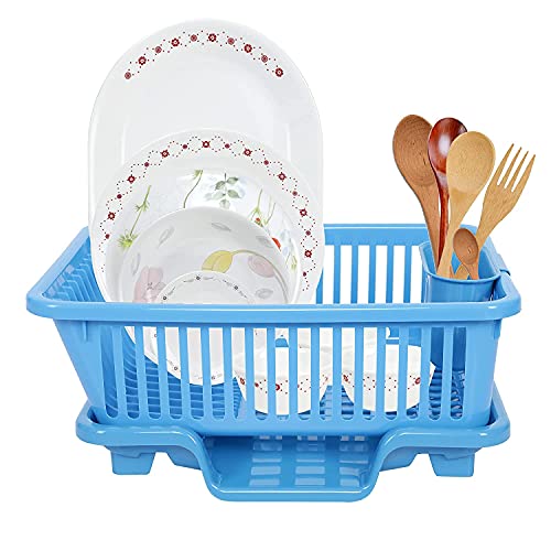 SIMPARTE Plastic Drainer Dish Rack for Kitchen Utensils Organizer, Drying Tray, Dish Drainer Basket (Blue, 45 x 32 x 18 cm)