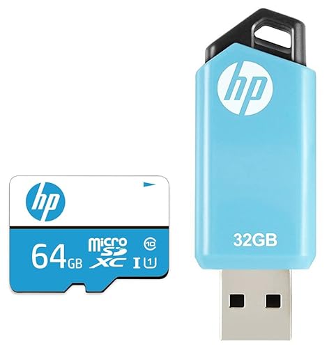 HP 64GB Class 10 MicroSD Memory Card (HP-MSDCWAU1-64GB) & v150w 32GB USB 2.0 Flash Drive (Blue)