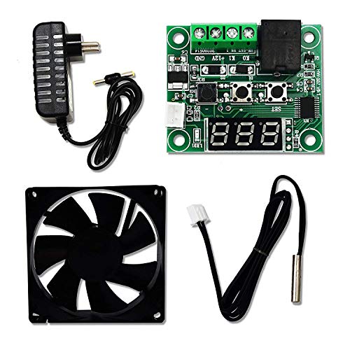 Robotbanao Combo for DIY Incubator W1209 12V DC Digital Temperature Controller Board with 12v 2amp Charger and 3 inch Fan Electronic Components Temperature Sensor and Controller
