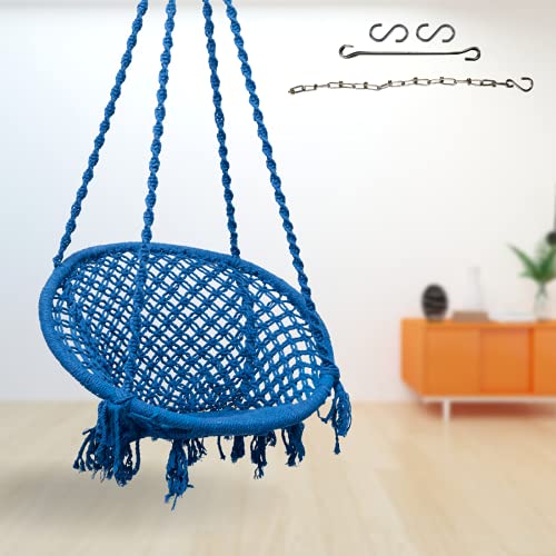Curio Centre Make in India Round Cotton Rope Hanging Swing for Adults & Kids with Accessories & Chain/Swing Chair for Indoor,Outdoor,Home,Patio,Yard,Balcony,Garden(145x57x43 cm,100 kgs Capacity,Blue)