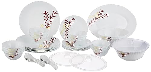 Larah by Borosil Fluted Oak Dinner Set 44 Pieces, Opal Glass Dinner Plates & Bowls Crockery Set for Dinning, White