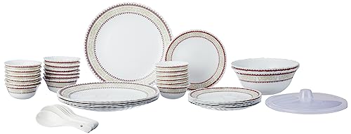 Larah by Borosil Fluted Elega Dinner Set 40 Pieces, Opal Glass Dinner Plates & Bowls Crockery Set for Dinning, White