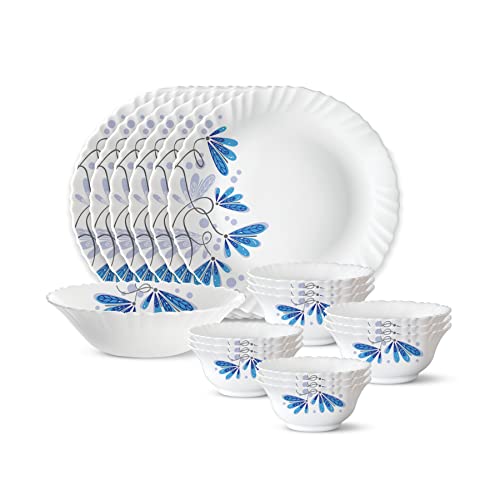 Larah by Borosil Fluted Red Iris Dinner Set 44 Pieces, Opal Glass Dinner Plates & Bowls Crockery Set for Dinning, White