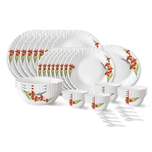 Larah by Borosil Fluted Red Iris Dinner Set 44 Pieces, Opal Glass Dinner Plates & Bowls Crockery Set for Dinning, White