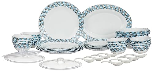 Larah by Borosil Fluted Weave Dinner Set 44 Pieces, Opal Glass Dinner Plates & Bowls Crockery Set for Dinning, White