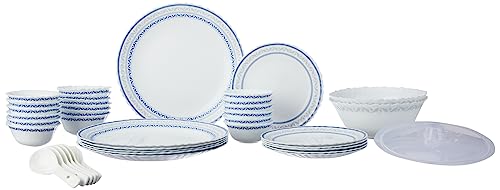 Larah by Borosil Fluted Jazzblue Dinner Set 40 Pieces, Opal Glass Dinner Plates & Bowls Crockery Set for Dinning, White