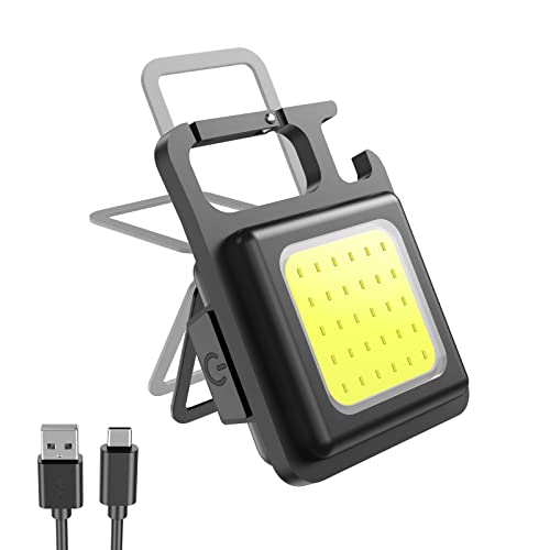 IKKEMO Cob Bright Mini Keychain Light, Small Led Flashlight Usb Rechargeable, 4 Modes, 800 Lumens, Portable Pocket Lights With Folding Bracket Bottle Opener And Magnet, Abs, 800 Lumen