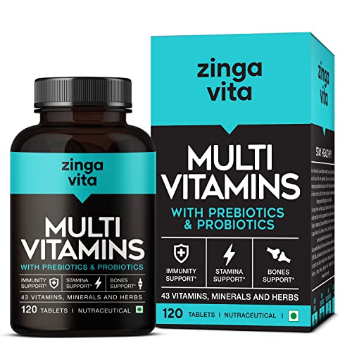 Zingavita Vegetarian Multivitamin Tablets with Probiotics & Prebiotics (120 Count)|With 43 Vitamins & Minerals|Supplement with Vitamin B12, C, D, E, Zinc & Biotin for Men & Women