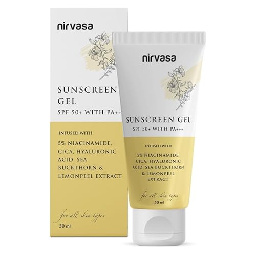 Nirvasa SPF50+ Sunscreen Gel with 5% Niacinamide for 98% UVA/UVB Protection | Lightweight, No White Cast & Broad Spectrum PA +++, Sunscreen SPF 50 for All Skin Types | 50ml Sunscreen for Women & Men