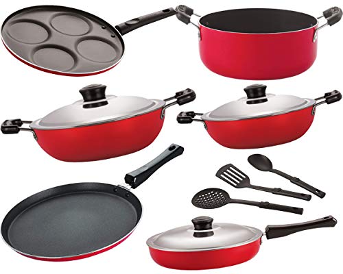 Nirlon Non-Stick Aluminium Kitchen Items – 9 Pieces (Black & Red_Combo Set) [FT13_FP12_DKD(M)_DKD(B)_Cass20_UP4_3SPN]