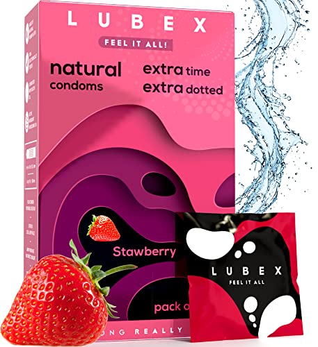 Lubex 6 in 1 Condom, Extra Dotted with Condom Disposable Bags – Extra Ribbed for Girls & Extra Time for Men – Strawberry Flavour – Combo Pack of 12 Condoms