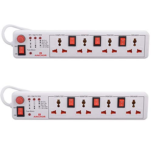 Anchor 4 Way Shutter Socket With Individual Switch Spike Guard (White, Pack of 2)