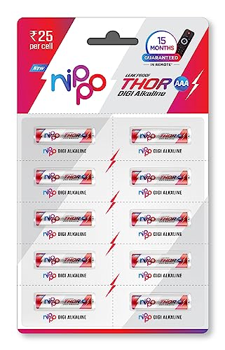 Nippo Thor Leakproof Alkaline AAA Batteries 1.5 V| Pack of 10 | Longer Lasting Batteries | Guaranteed 15 Months in Remote | Non-Rechargeable