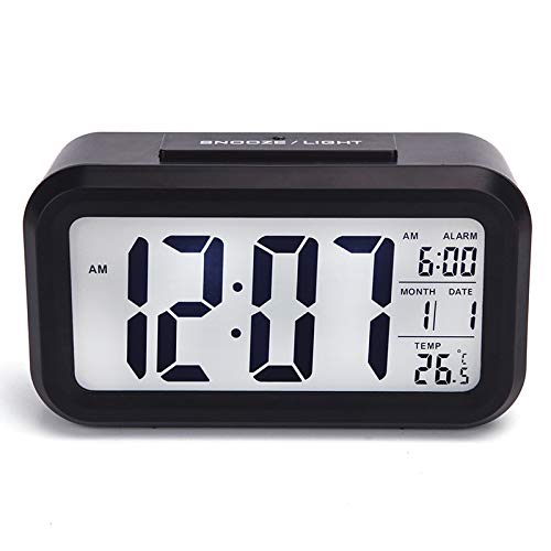 Dbell Digital Smart Back-Light Battery Operated Alarm Table Clock With Automatic Sensor Date & Temperature (Black,Plastic, 15Wx51Lx20H Inches)