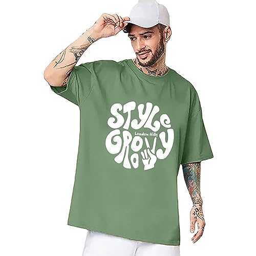 London Hills Cotton Blend Half Sleeve Oversized T-Shirts (Color : Green)