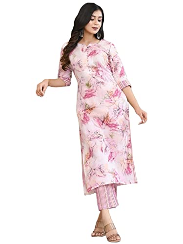 GoSriKi Women’s Cotton Blend Printed Straight Kurta with Pant (PS-Pink-CMD-GS_M_Pink_Medium)