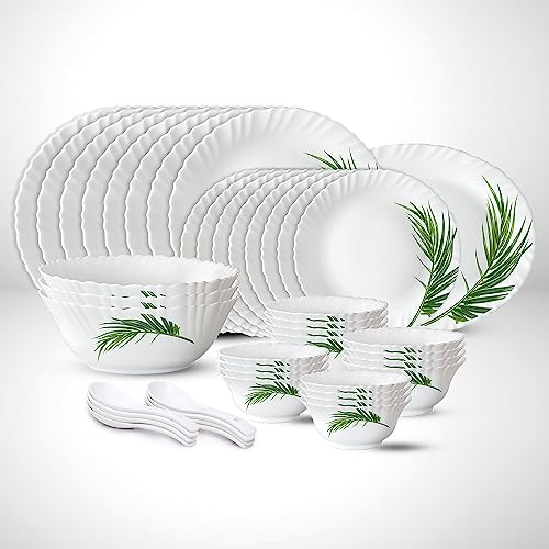 Larah by Borosil Fluted Crescent Dinner Set 44 Pieces, Opal Glass Dinner Plates & Bowls Crockery Set for Dinning, White