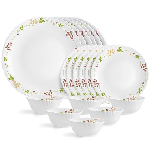 Larah by Borosil Fluted Crescent Dinner Set 44 Pieces, Opal Glass Dinner Plates & Bowls Crockery Set for Dinning, White