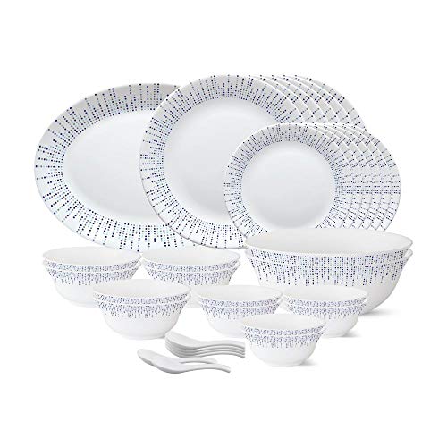 Larah by Borosil – Tiara Series, Pulse, 33 Pcs, Opalware Dinner Set, White