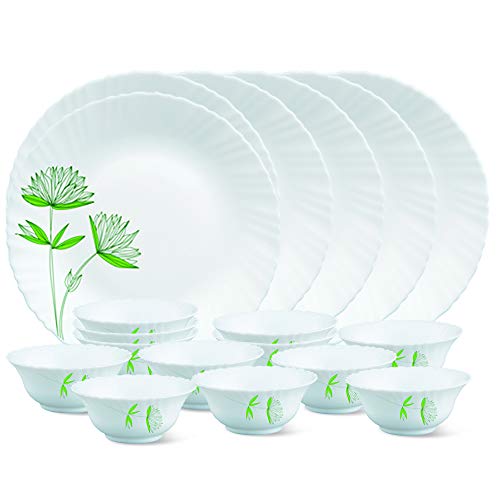 Larah by Borosil Glass Green LillyThali Set (White) – 18 Pieces