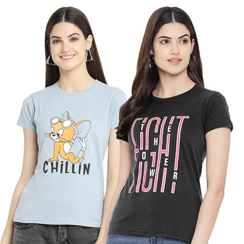 Womens Half Sleeves Roundneck Cotton Printed Tshirts Pack of 2 – (PRE-33-05_L)