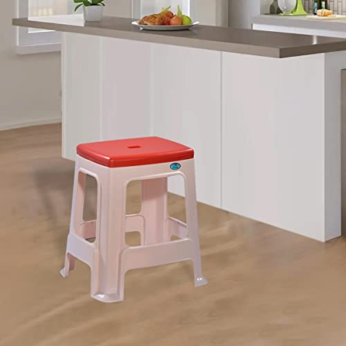 Nilkamal STL23 Strong and Durable Plastic Seating Stool for Home | Bedroom | Bathroom | Kitchen | Living Room | Office | Adult | Garden Stool with high Load Capacity (Basket Beach & Coral Red)