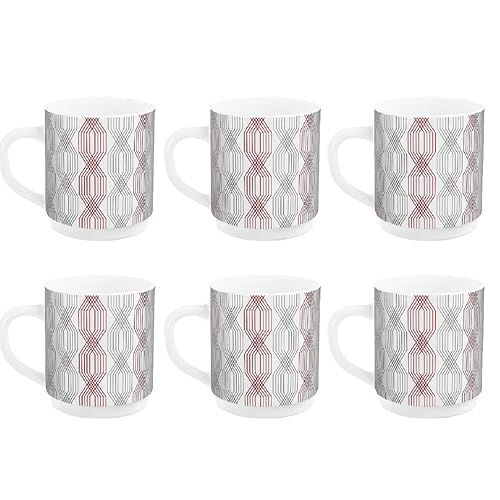 CELLO Imperial Premium Roma Coffee Mug 300 ml | Coffee/Milk Mug with Handle | Mug for Tea, Coffee, Cappuccino or hot and Cold Beverages | Set of 6 | Red Trilles, White