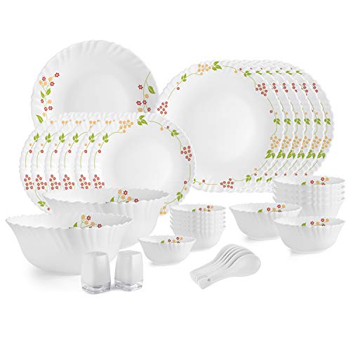 Cello Opalware Dazzle Series Secret Garden Dinner Set, 35Pcs | Opal Glass Dinner Set for 6 | Light-Weight, Daily Use Crockery Set for Dining | White Plate and Bowl Set