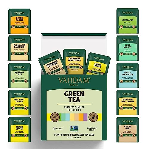 VAHDAM, Green Tea Bag Sampler – 10 Flavors, 1 Tea Bag Each | Tea Variety Pack – Gluten Free, Pure Ingredients | Pure Assorted Green Tea Gift Sets | Improves Metabolism