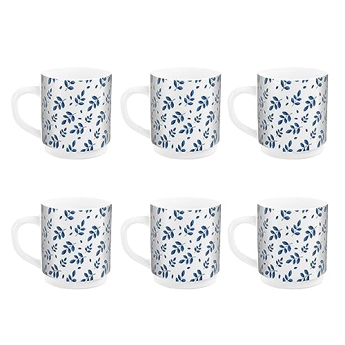 CELLO Imperial Premium Roma Coffee Mug 300 ml, Set of 6| Coffee/Milk Mug with Handle | Mug for Tea, Coffee, Cappuccino or hot and Cold Beverages | Blue Foliage, White